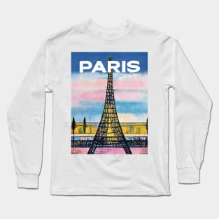 Eiffel Tower Paris Pink Sunset Travel Poster Retro Wall Art Illustration Long Sleeve T-Shirt